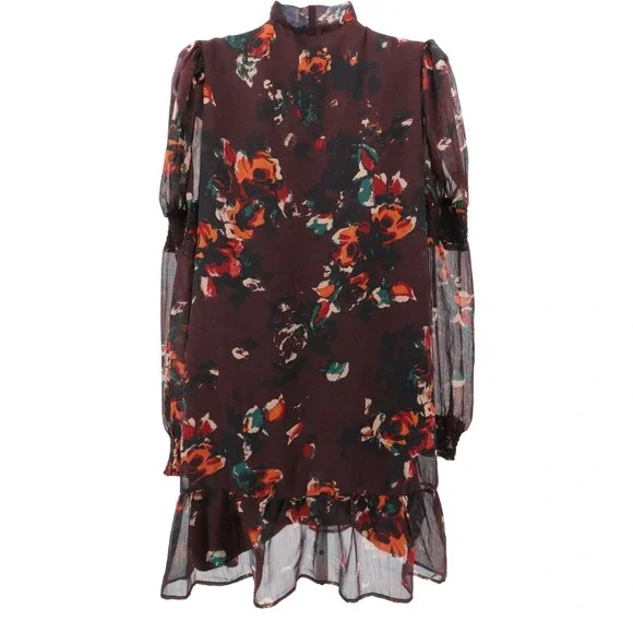 Walter Baker Floral Mini Dress Sheer Sleeve Tie Neck Ruffle Hem Large - Picture 7 of 14